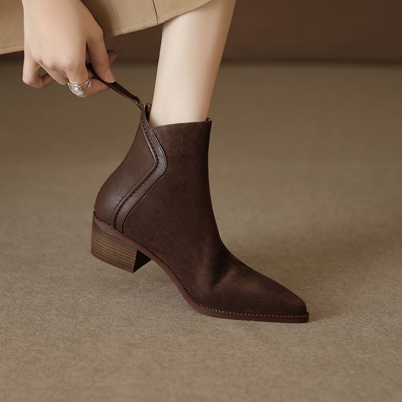久旺手工女鞋|羊皮|4cm跟|34-41码|黑色棕色|通勤风百搭短靴女靴