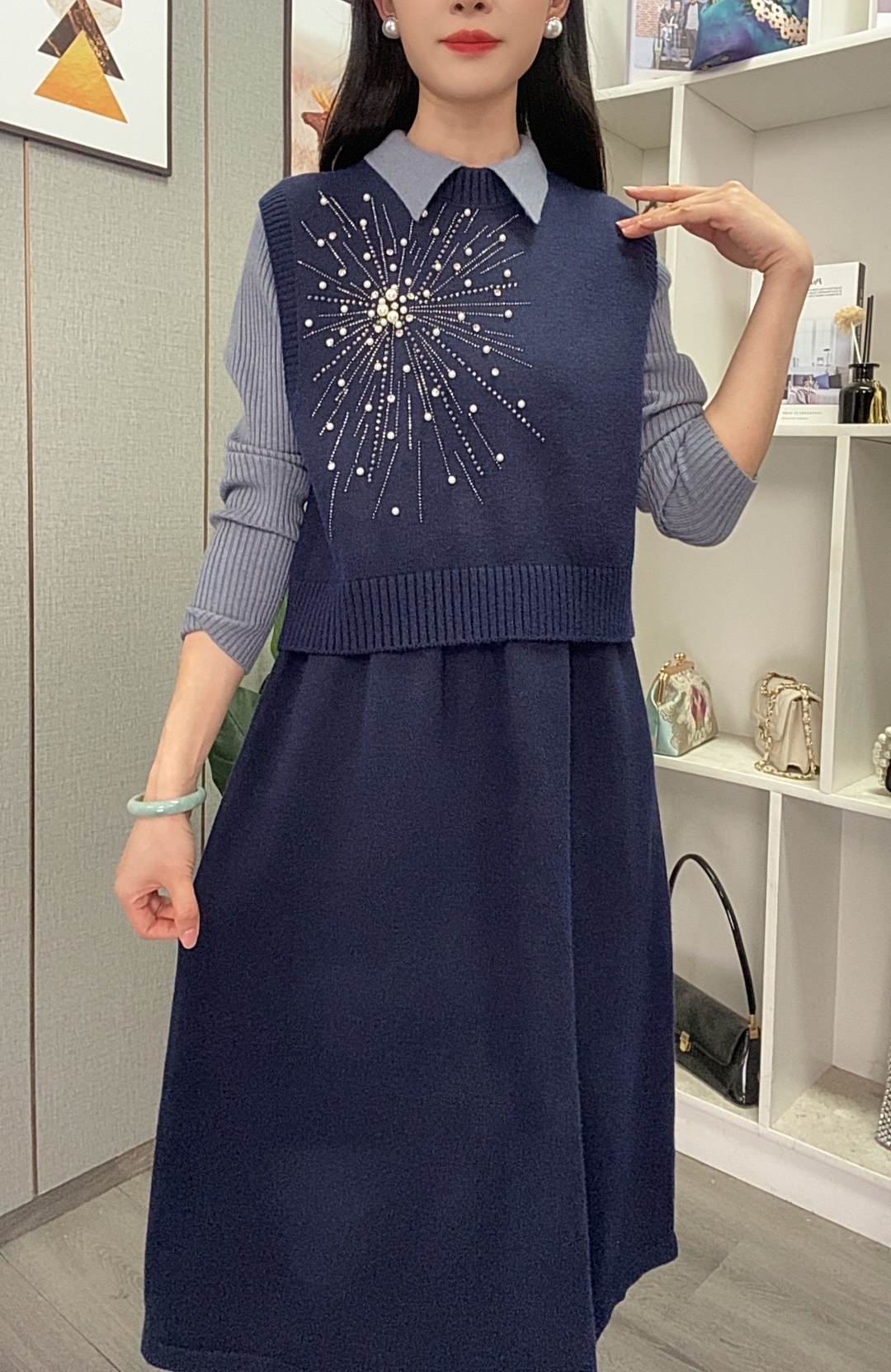 2024新款时尚洋气减龄翻领马甲针织连衣裙两件套套装