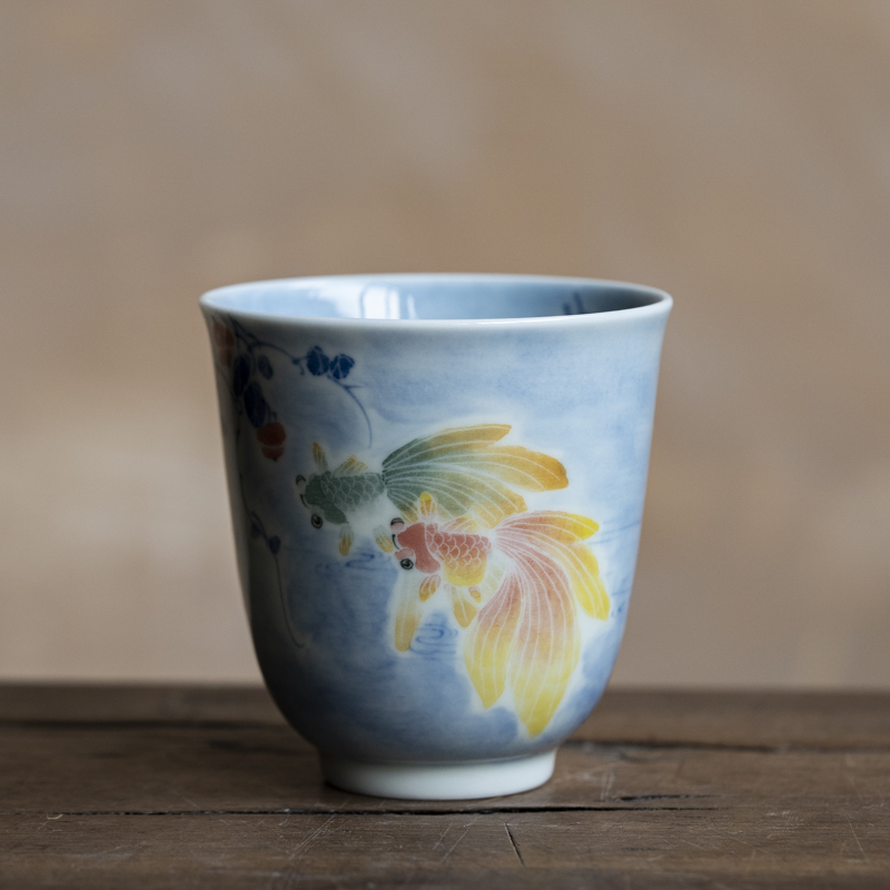 *斋居观合手工手绘蓝地五彩金玉满堂仰钟杯家用室用茶道主人杯