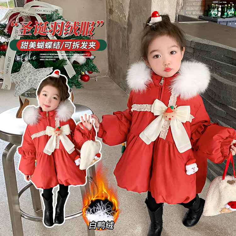 女童冬季红色圣诞羽绒服女宝宝冬款蝴蝶结棉袄冬季保暖棉服儿童装