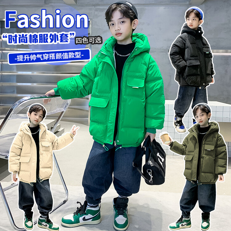 儿童棉衣外套冬装男童连帽短款男女童装多口袋棉服加厚中大童棉袄