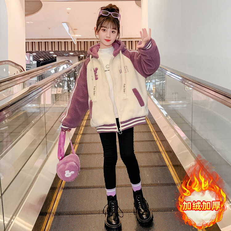 女童秋冬装外套2023新款儿童冬季中大童羊羔加绒加厚卡通毛毛上衣