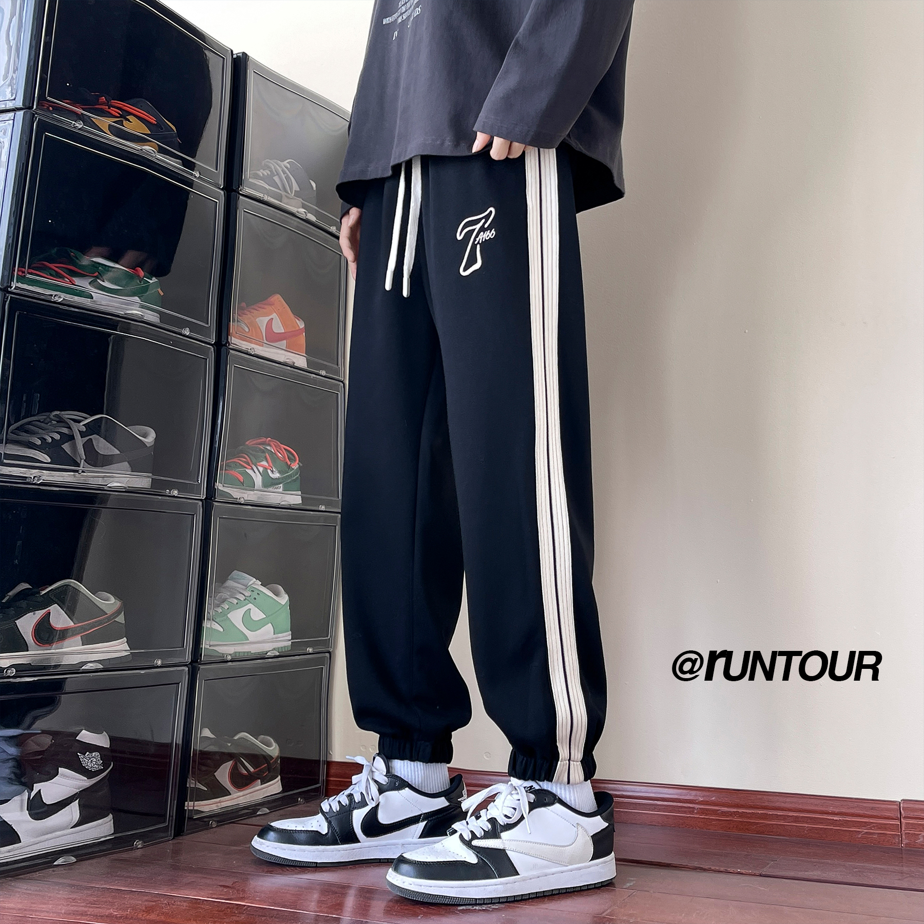 美式重磅运动卫裤男秋冬款加绒加厚大码休闲束脚潮牌痞帅条纹裤子