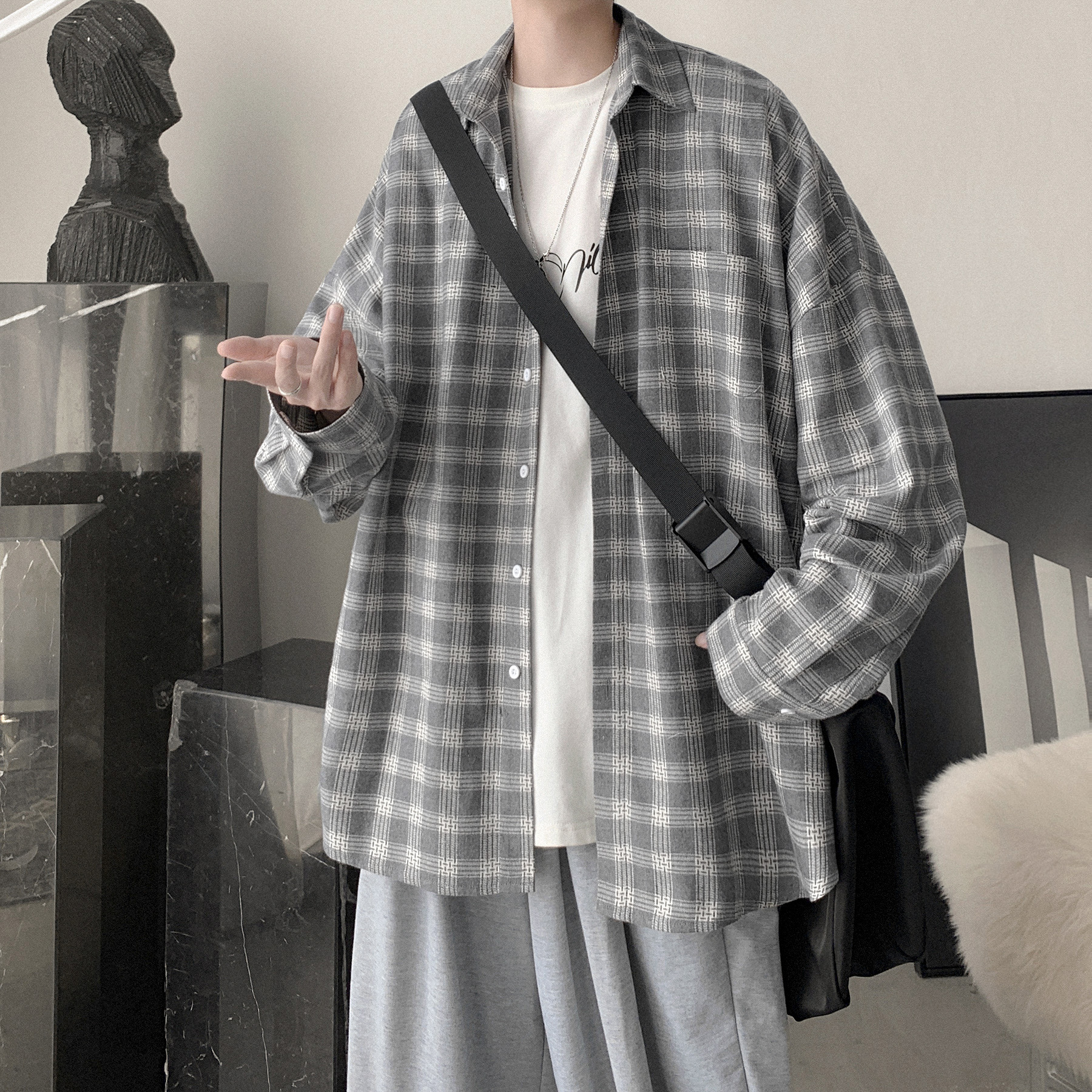 长袖格子休闲衬衫春夏爆款装男士衬衣百搭痞帅潮流外套