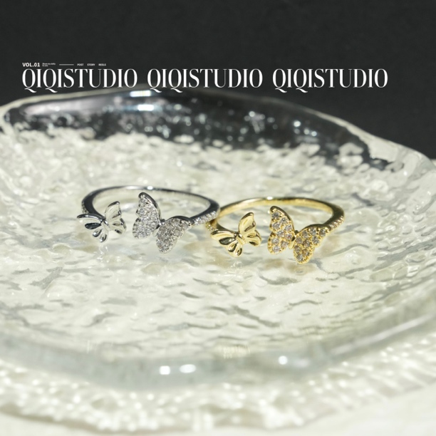 合金玻璃戒指 法式甜美双蝴蝶开口戒指女小众轻奢高级感时尚独特
