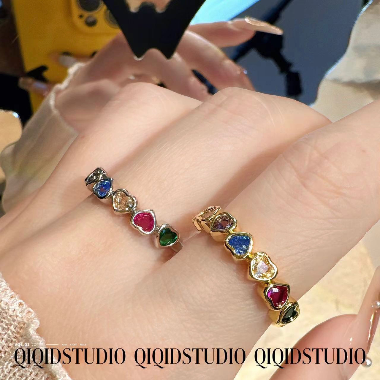 铜合金戒指 Rainbow爱心锆石戒指ins甜美小众设计轻奢高级感气质