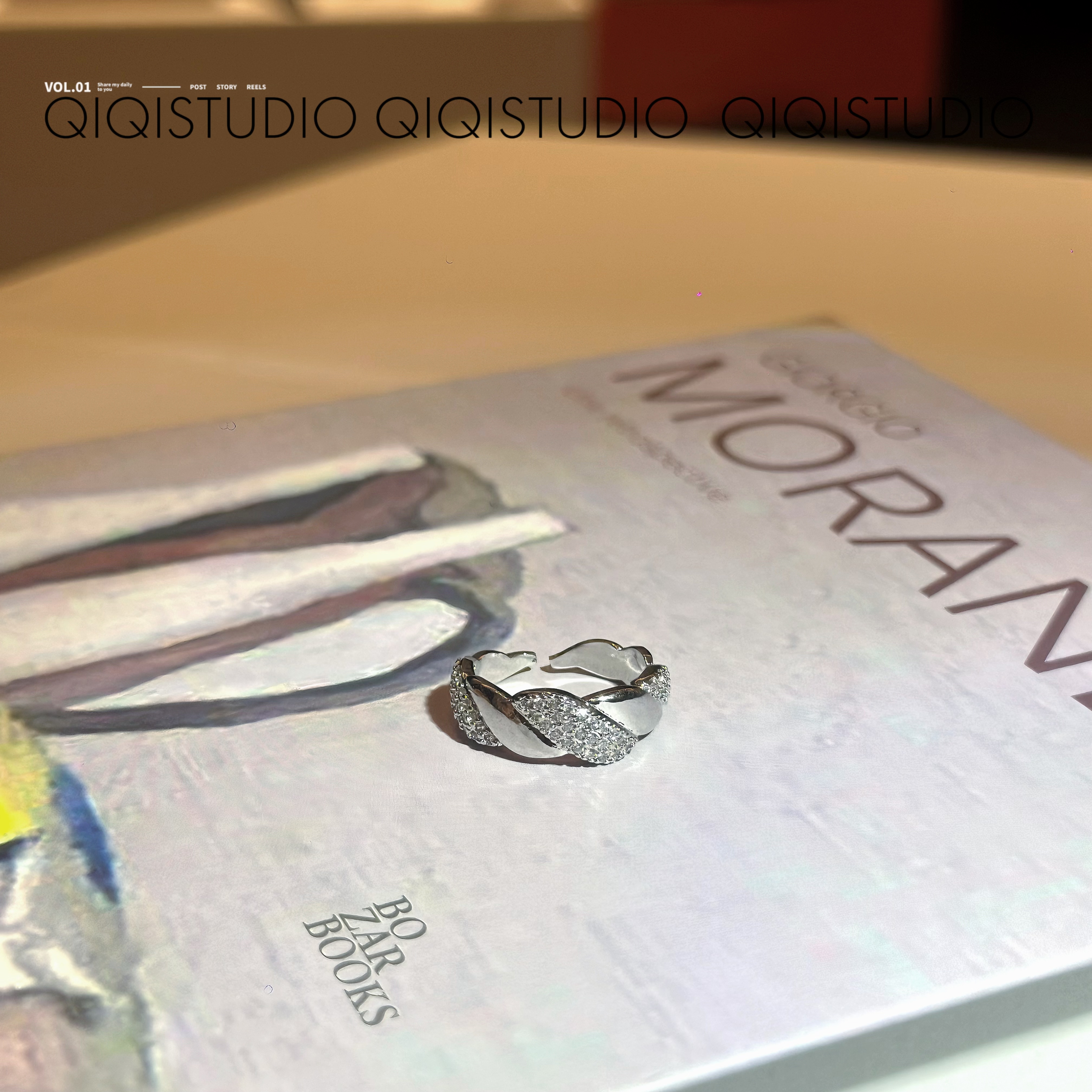 铜合金锆石戒指 法式轻奢小众个性气质冷淡风极简麻花闪钻开口戒