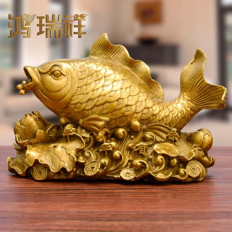 黄铜鲤鱼跃莲台摆件连年有余鲤鱼吉祥物年年有余铜鱼桌面摆件