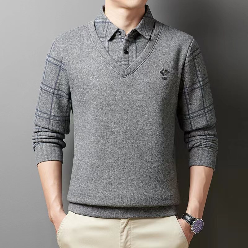 男士爸爸毛衣加绒加厚假两件打底衫保暖上衣服冬季中老年男装t恤