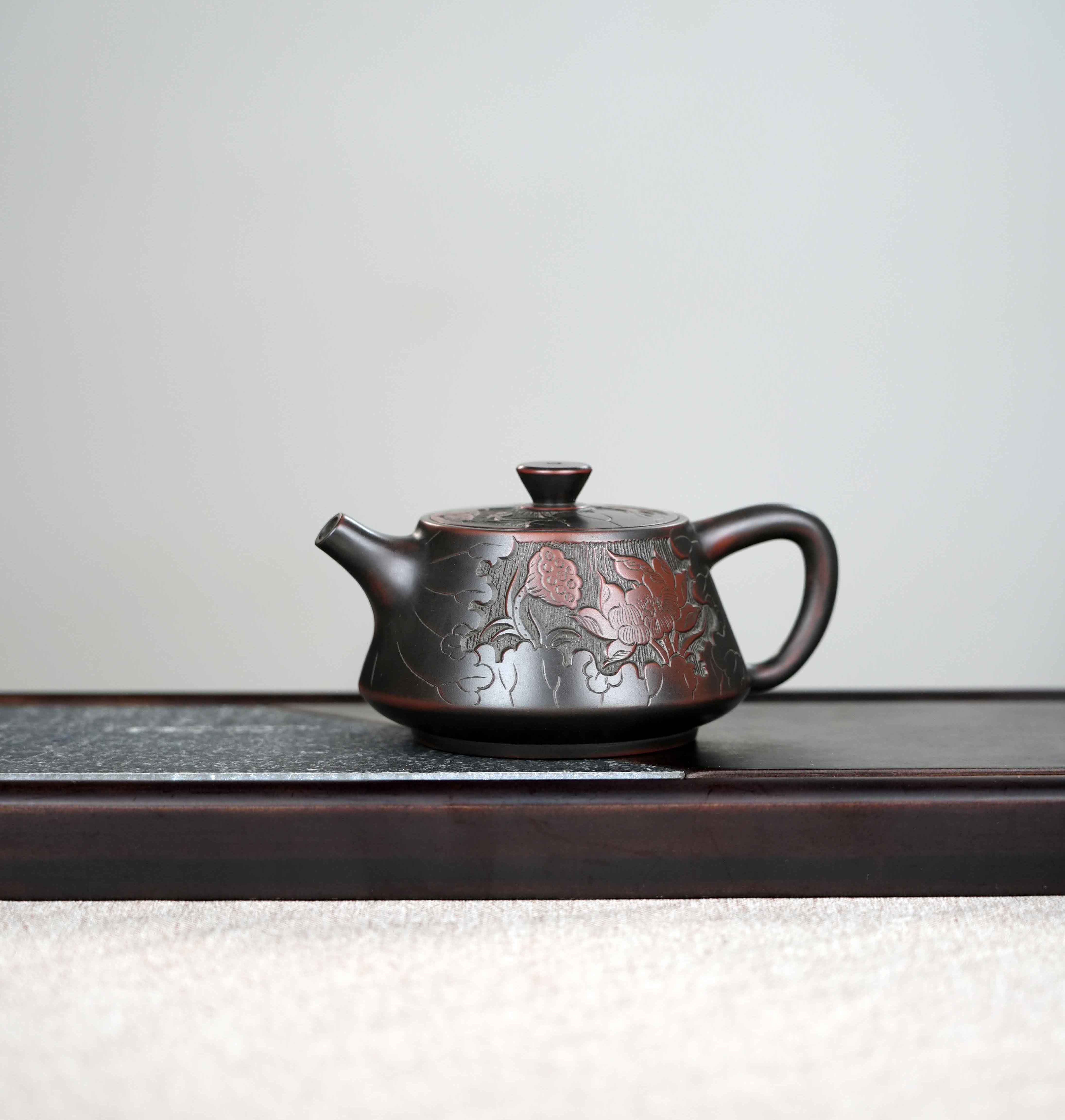 广西钦州坭兴陶茶壶 高瓢壶 荷花有鱼 230cc 全手工中式茶壶