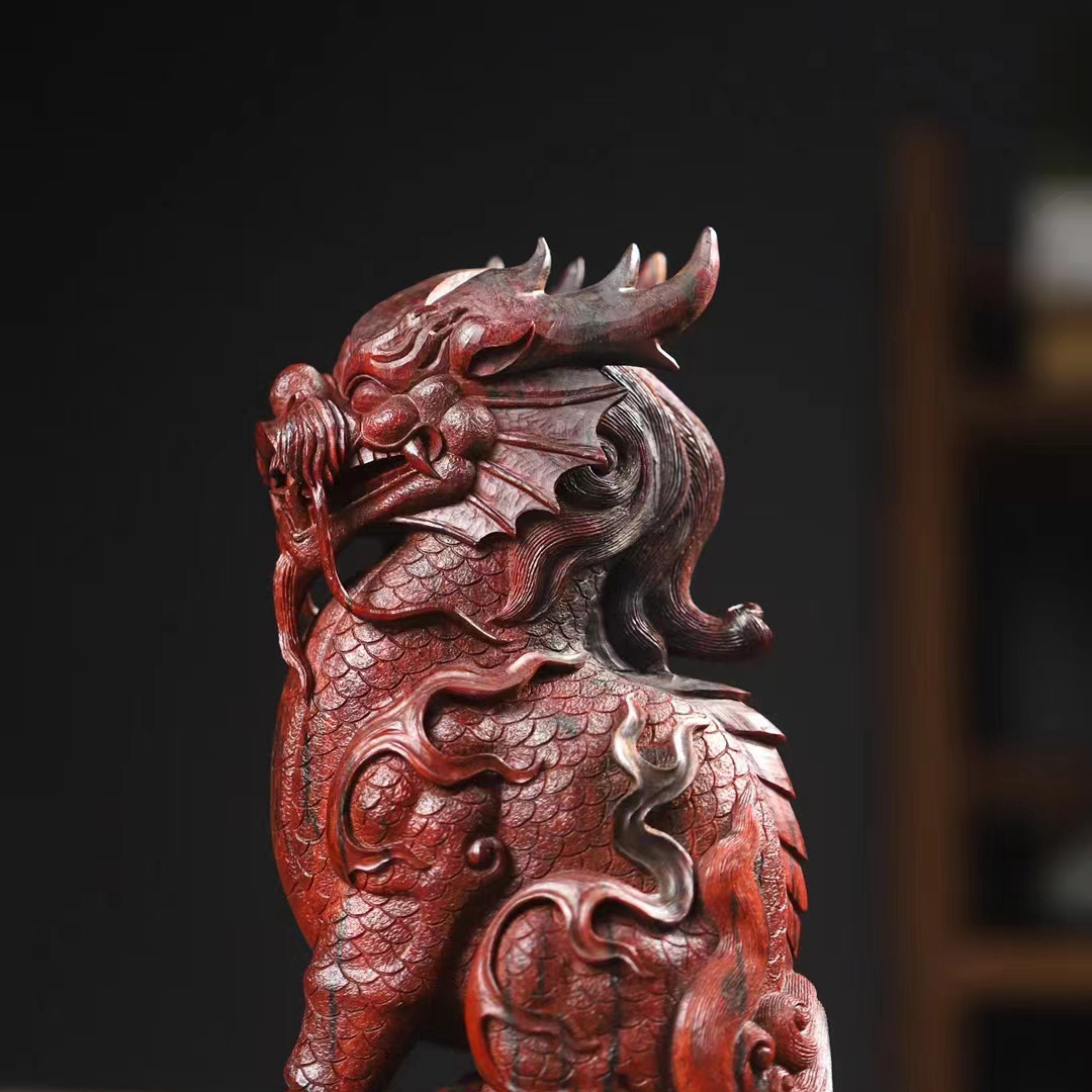 印度小叶紫檀麒麟摆件纯手工雕刻全实心名师手作高端家居收藏工艺