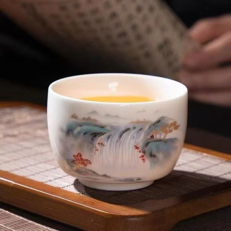 （一支装）羊脂玉白瓷高山流水茶杯主人陶瓷杯家用高档茶杯