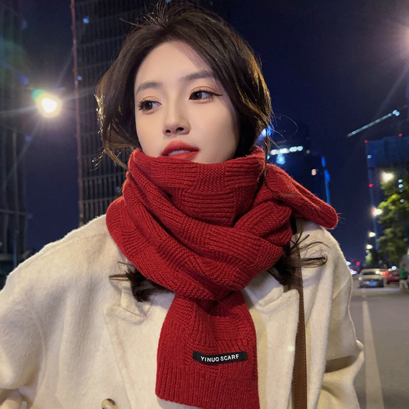 纯色墨绿色小香风格子毛线针织围巾女冬季红色格纹送男生保暖围脖