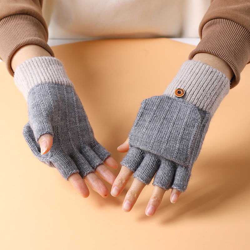 半指手套冬天学生写字办公保暖手套针织毛线露指两用翻盖手套韩版