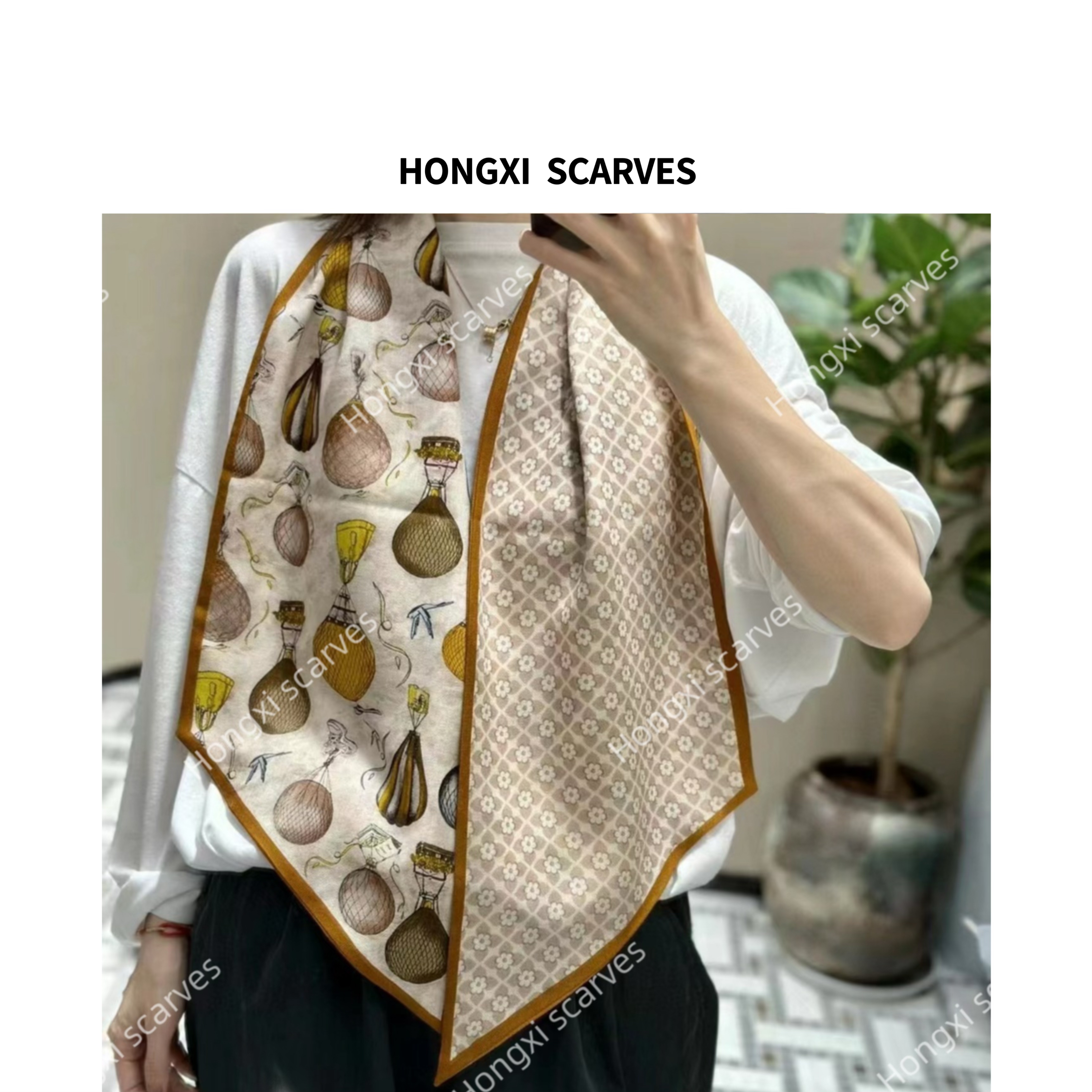 Hongxi Scarves/鸿晰丝巾丝毛AB面焦糖热气球140*25长巾飘带I038