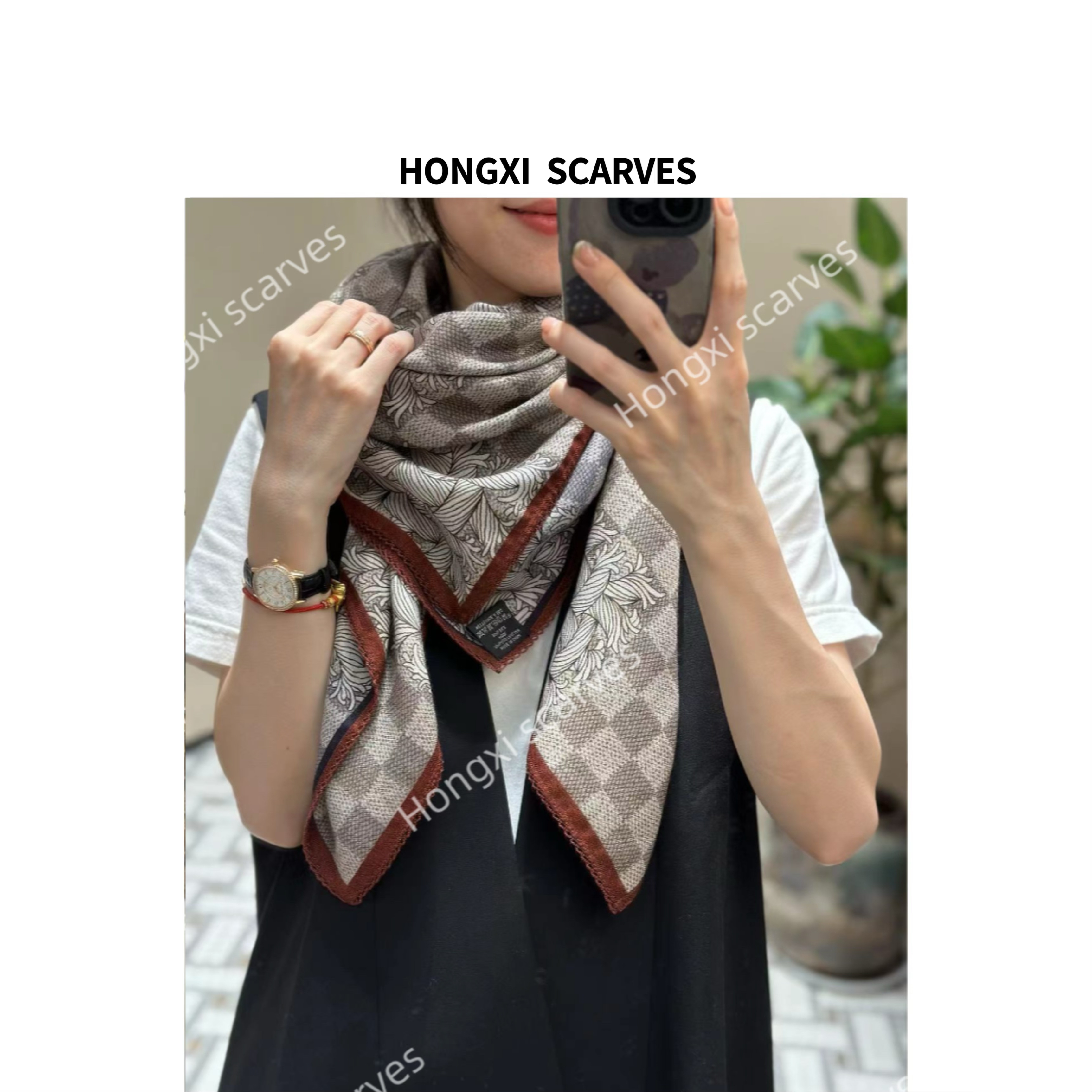 真丝羊毛双面棋盘格绳索105方巾手工蕾丝边女士丝巾围巾披肩F078