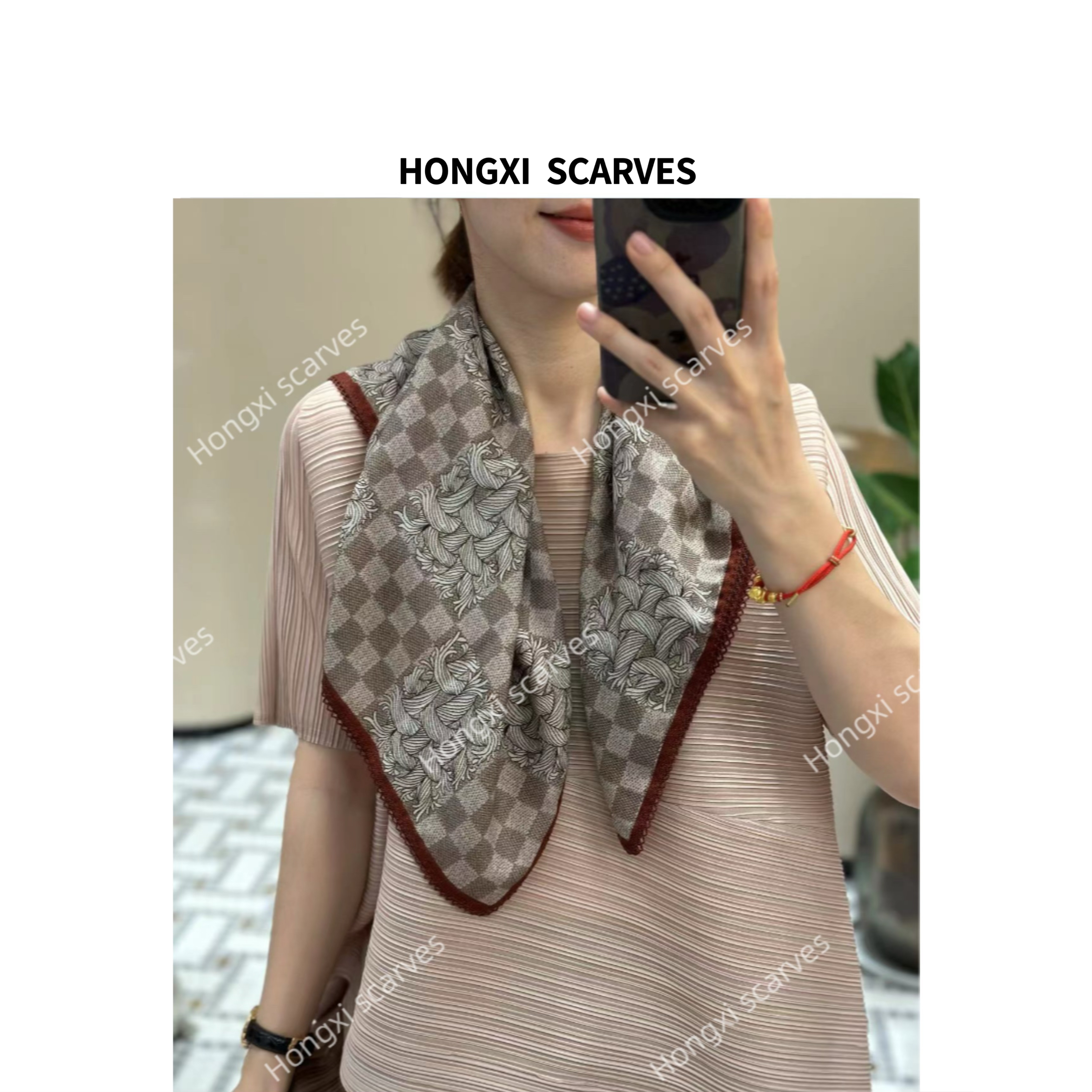 真丝羊毛双面60方巾棋盘格绳索手工蕾丝女士丝巾围巾防晒披肩B055