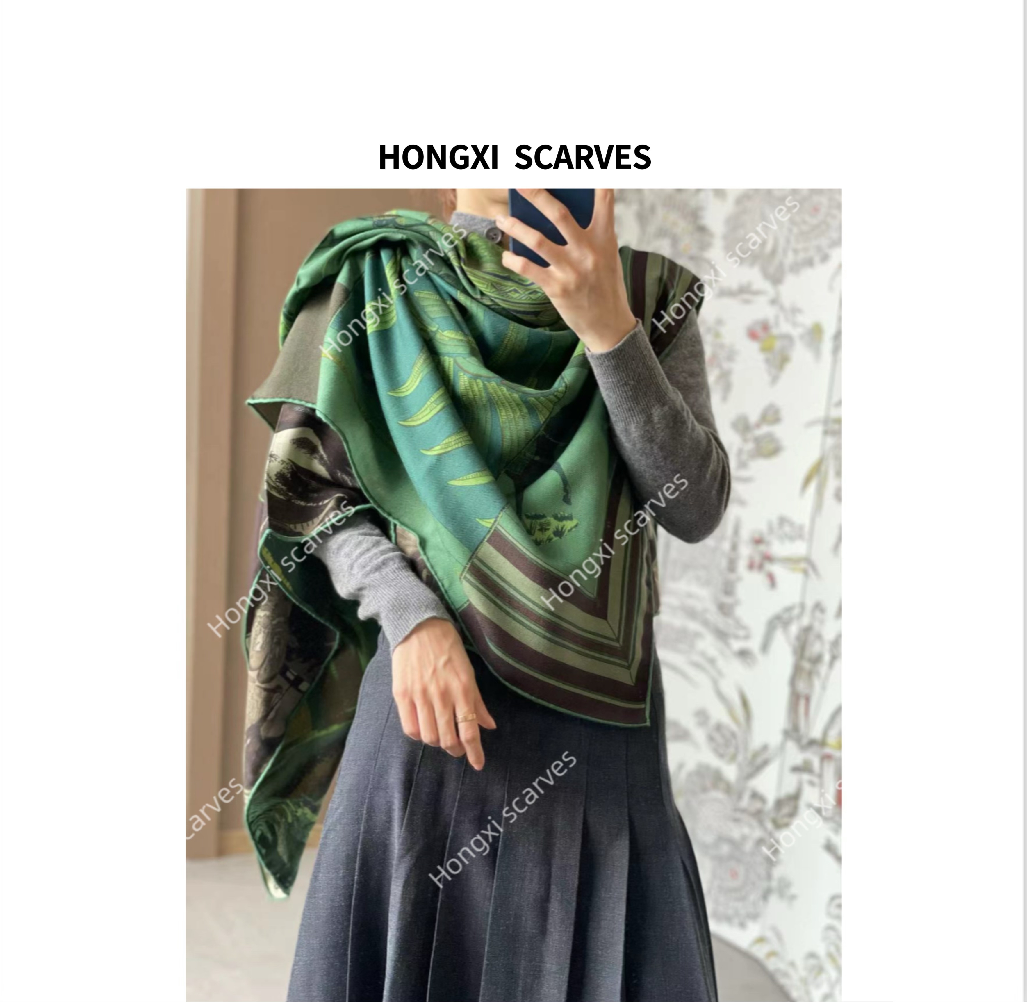 Hongxi Scarves/鸿晰丝毛双面异色印第安酋长130方巾H029