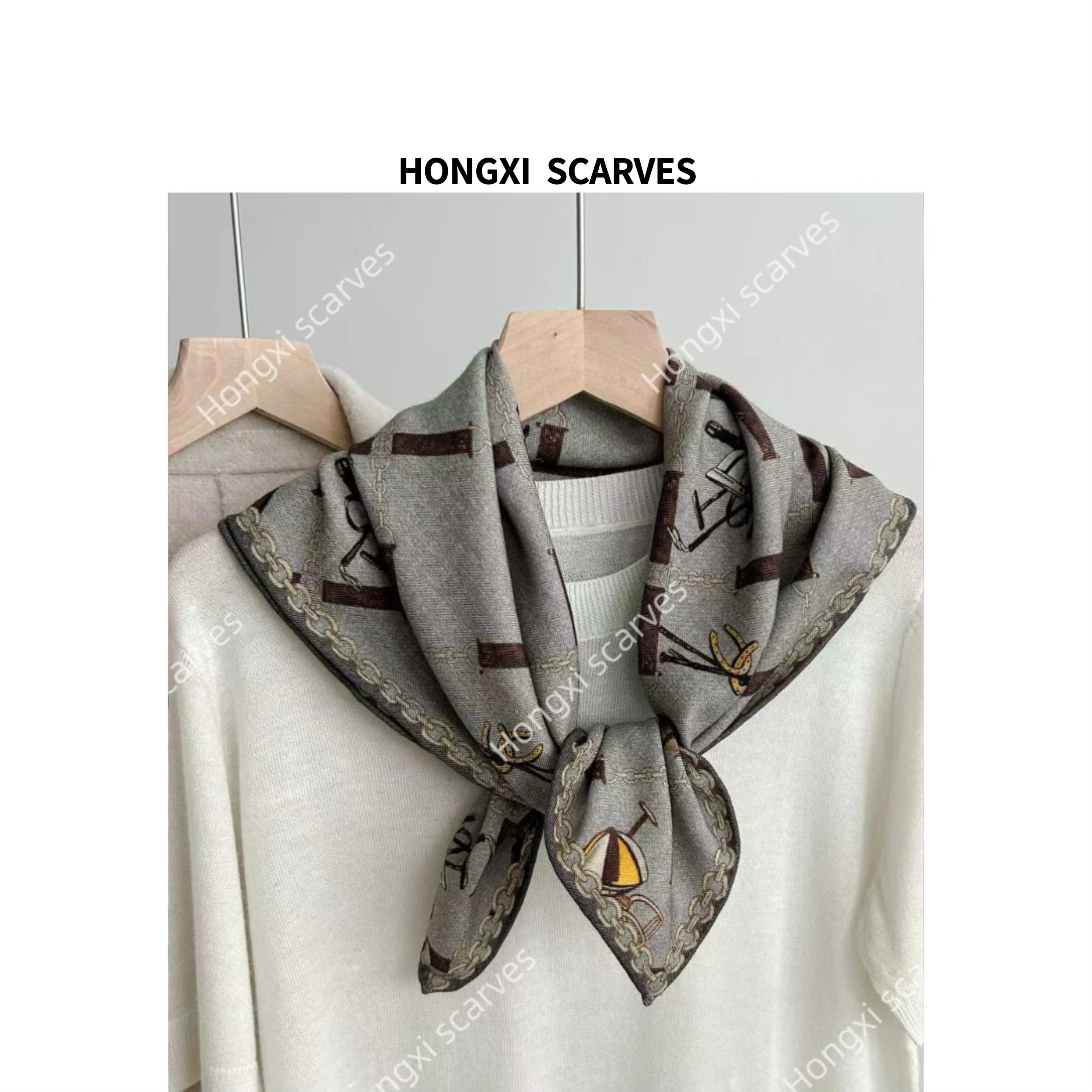 专属Hongxi Scarves/鸿晰丝毛双面异色小马俱乐部60方巾B069