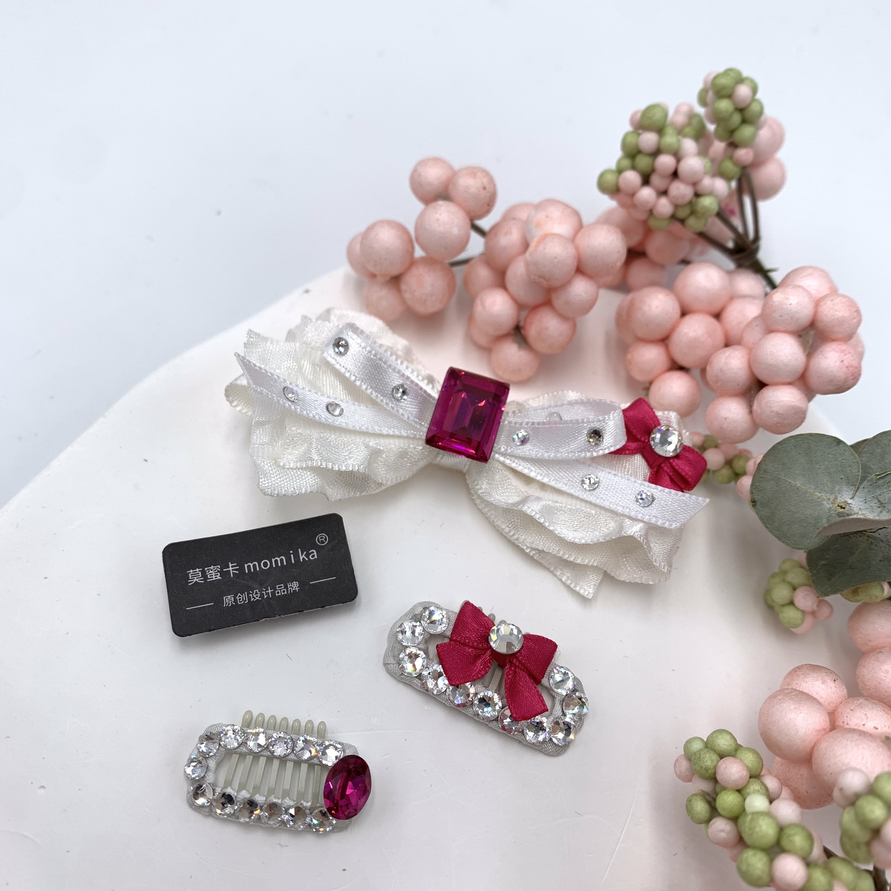  原创制作宠物发夹 白色丝带bb夹 青蛙夹 马尔济斯约克夏发夹