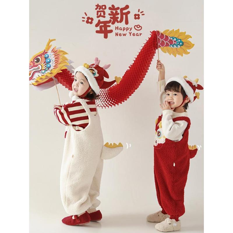女童加绒加厚福气龙娃贴布绣标背带裤儿童萌趣可爱保暖裤子潮男童