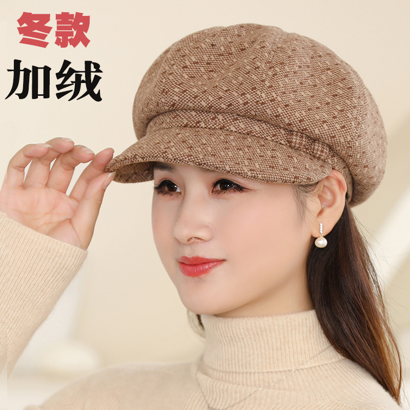 日本冬季帽子女士贝雷帽妈妈加绒毛呢鸭舌帽秋中老年人保暖八角帽