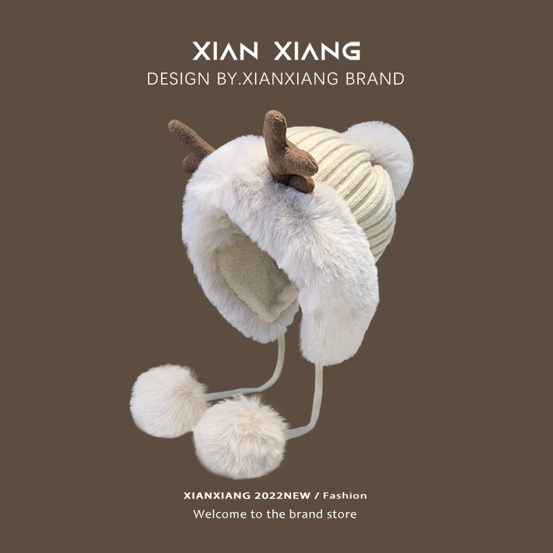 日本GP圣诞麋鹿角帽子女冬季可爱毛球雷锋帽冬加绒毛线帽保暖护耳