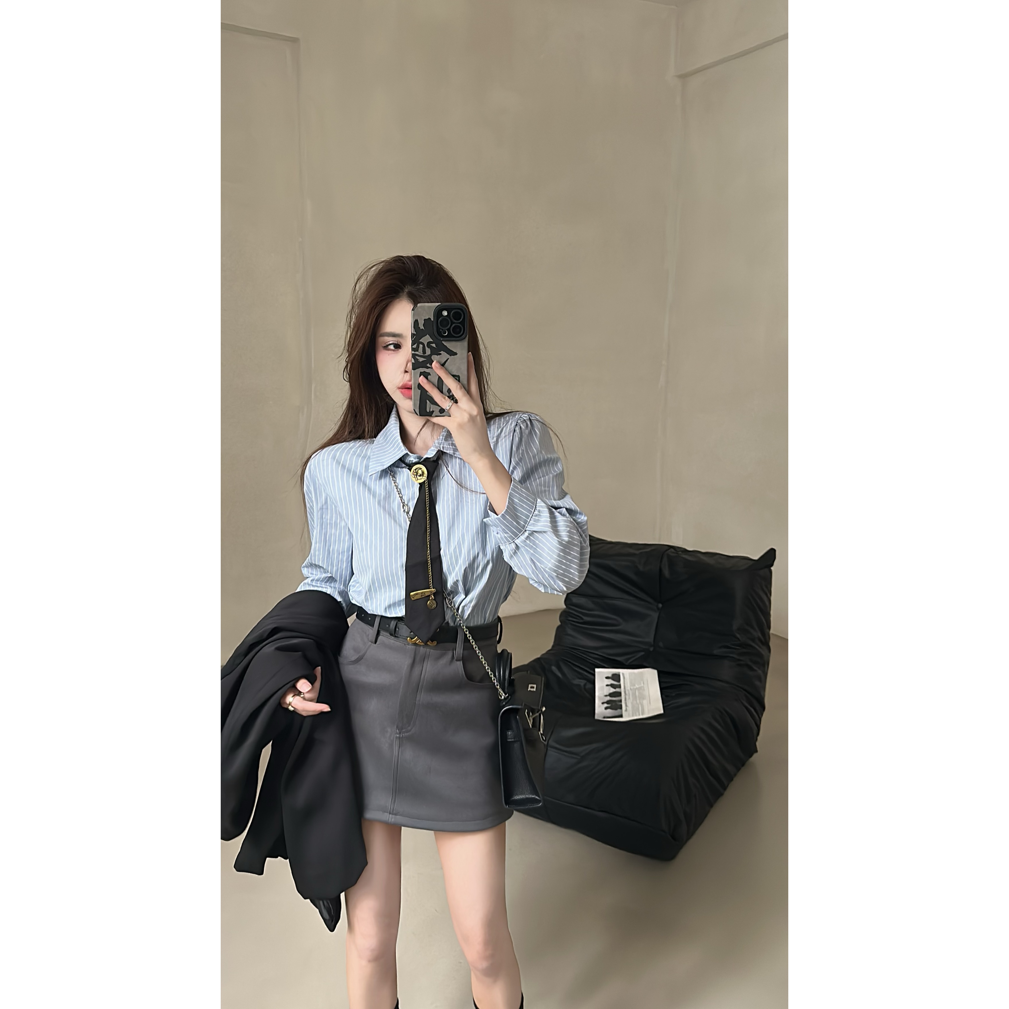 HuiHui【冻龄少女】条纹长袖衬衫高级感薄款叠穿衬衣上衣（HD206）