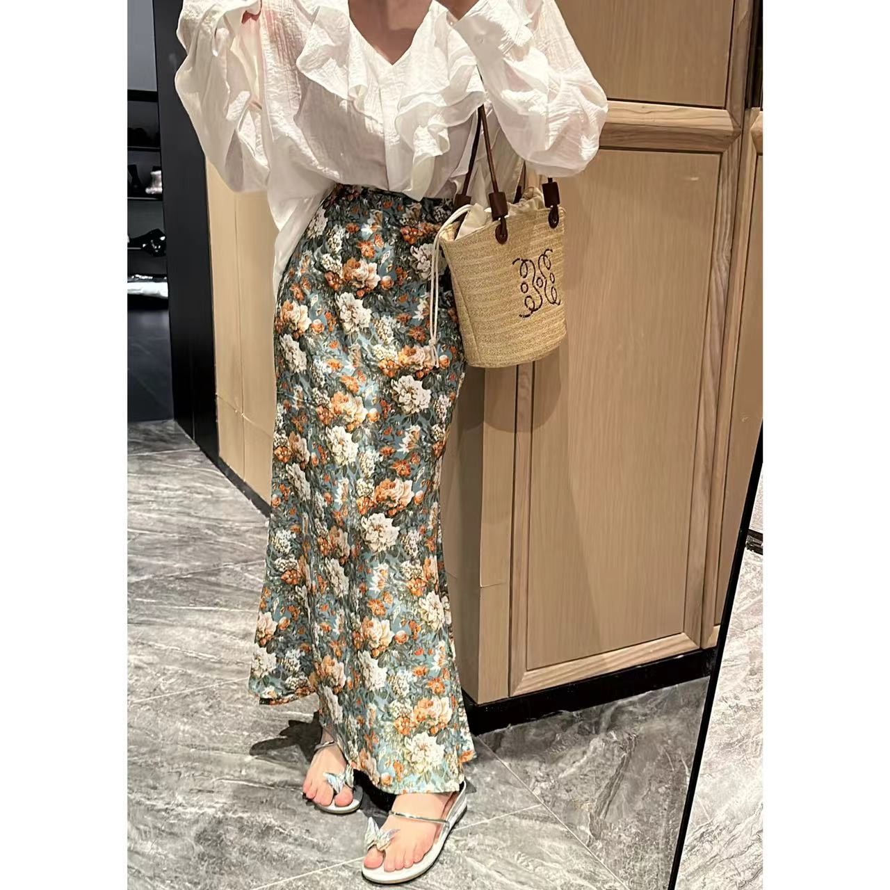 HuiHui【秘密花园】 韩系高腰中长裙女休闲百搭碎花半身裙(9075#