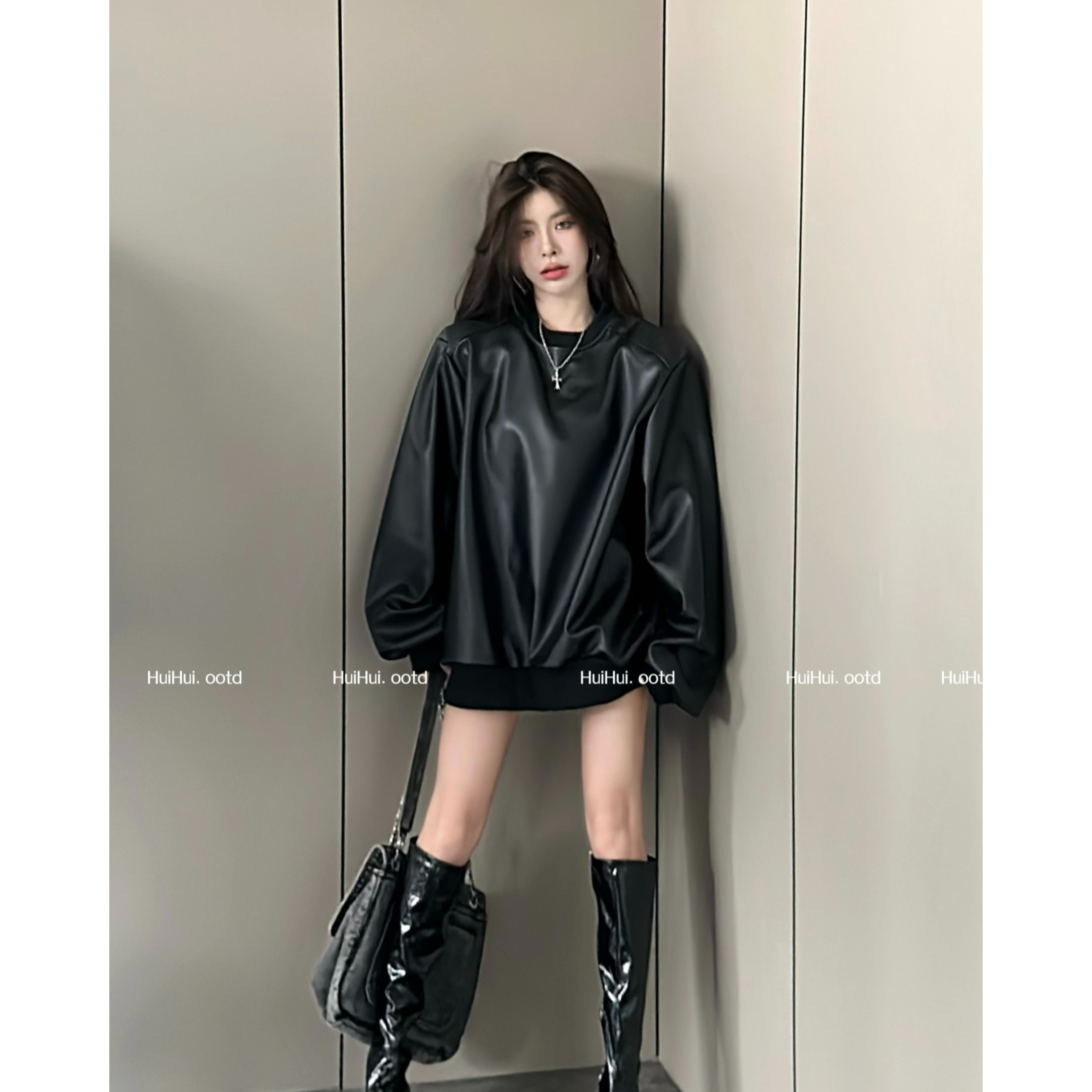 【灰灰穿搭】韩版宽松PU皮质套头中长款皮衣外套卫衣女（H8186）