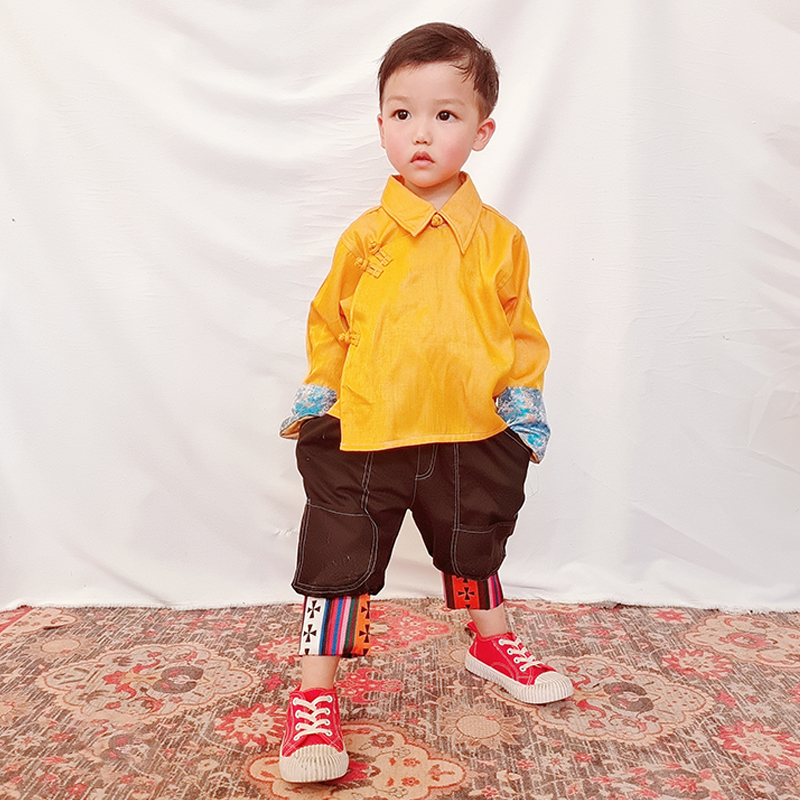 儿童藏族男童翻领衬衫少数民族风打底衬衫里衣藏服蒙古服长袖款新