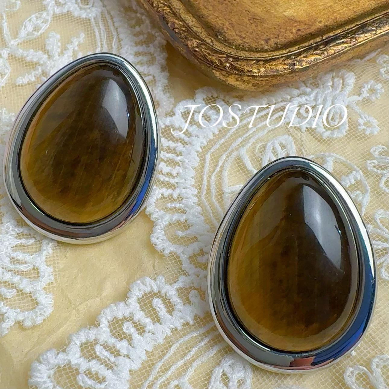 黄铜石英石耳饰 中古饰品小众设计师时尚轻奢原创高定耳钉