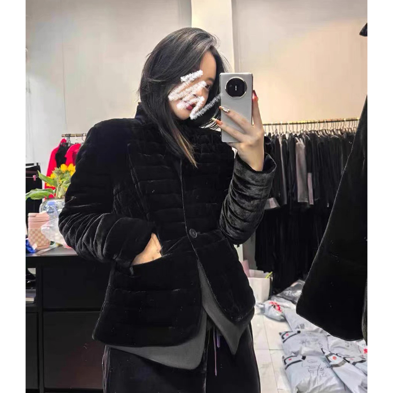 江南采桑子真丝丝绒假两件套棉服中式复古棉衣秋冬保暖棉袄女潮