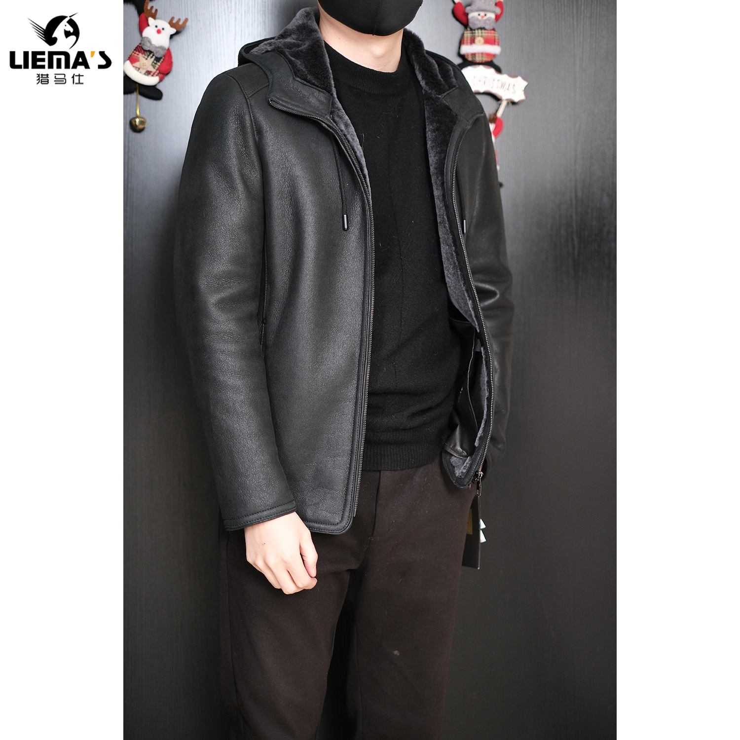 【特价】LM62291男士冬季皮毛一体羊皮羊毛连帽夹克加绒加厚