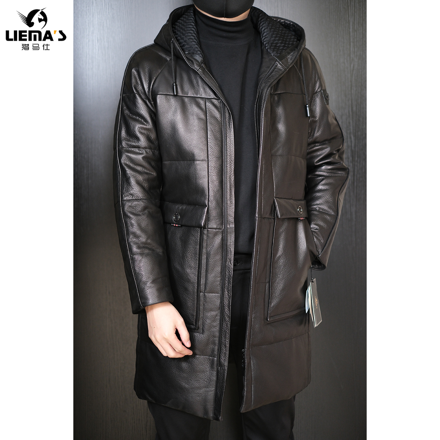 【特价】LM1830冬季男士羊皮羽绒服皮衣中长款连帽外套加绒加厚保暖