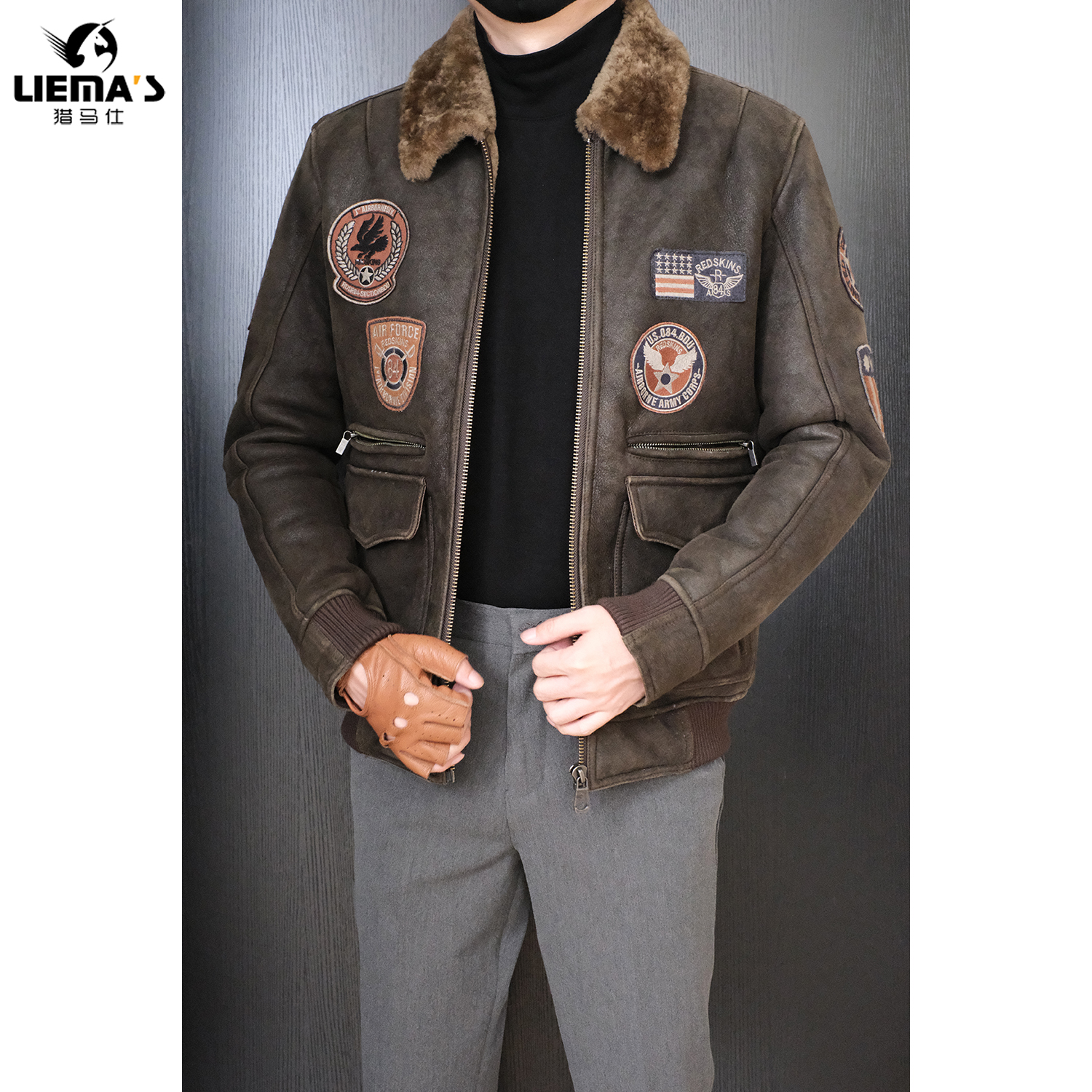 【特价】LM21002冬季飞行服空军皮毛一体夹克外套加绒加厚短款潮流