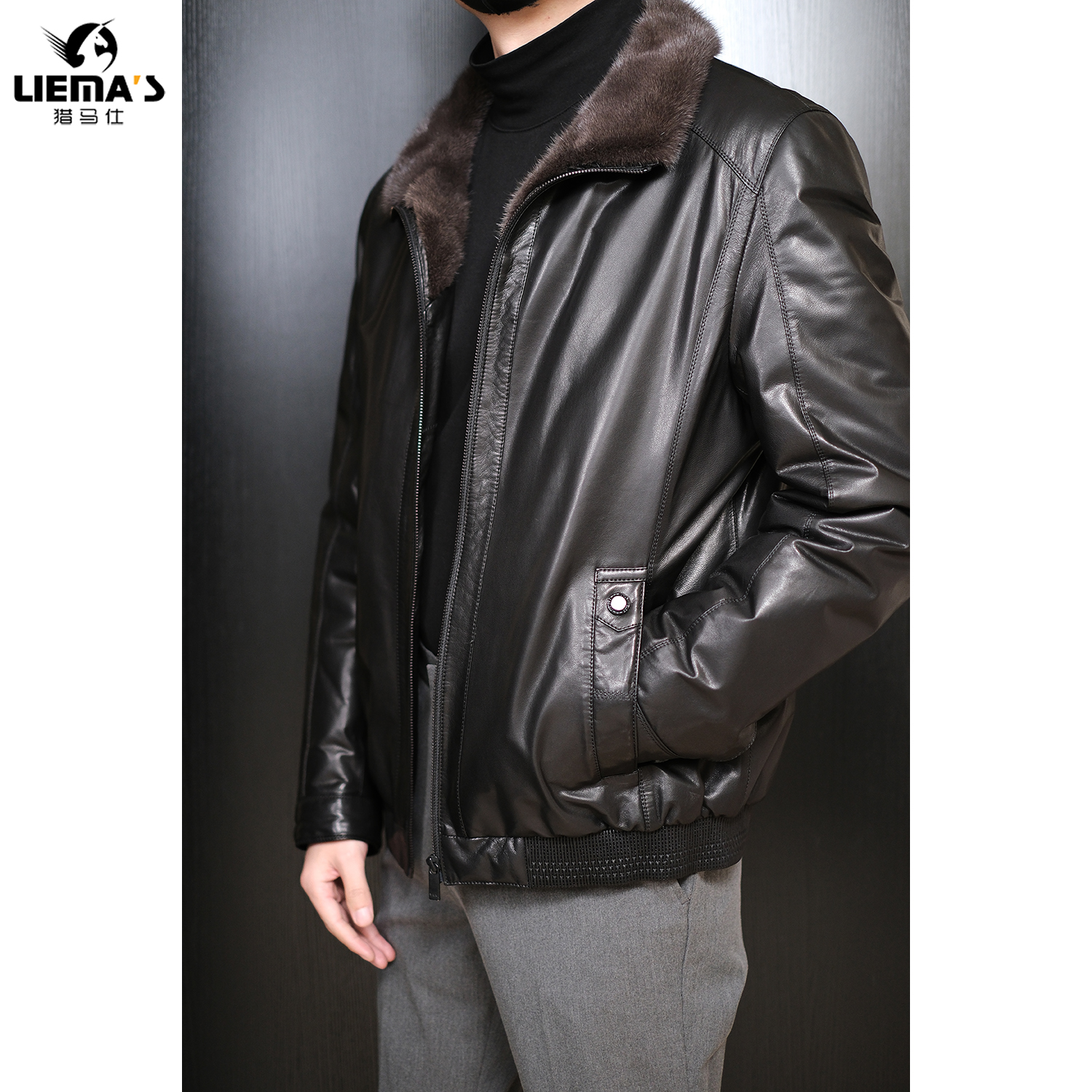 【特价】LM925男士冬季羽绒服款山羊皮皮衣白鹅绒内胆水貂领外套