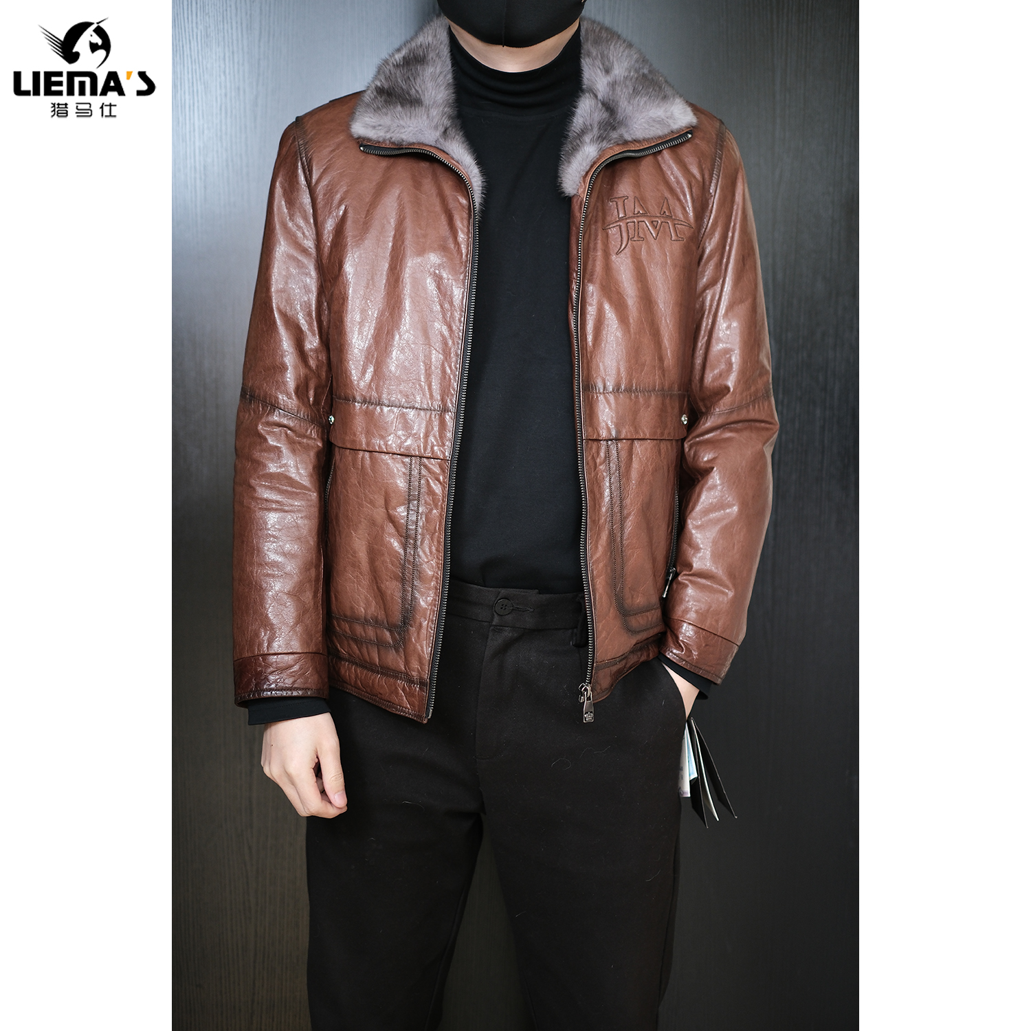【特价】LM22801冬季男士棕色山羊皮兔毛内胆水貂领皮衣夹克外套