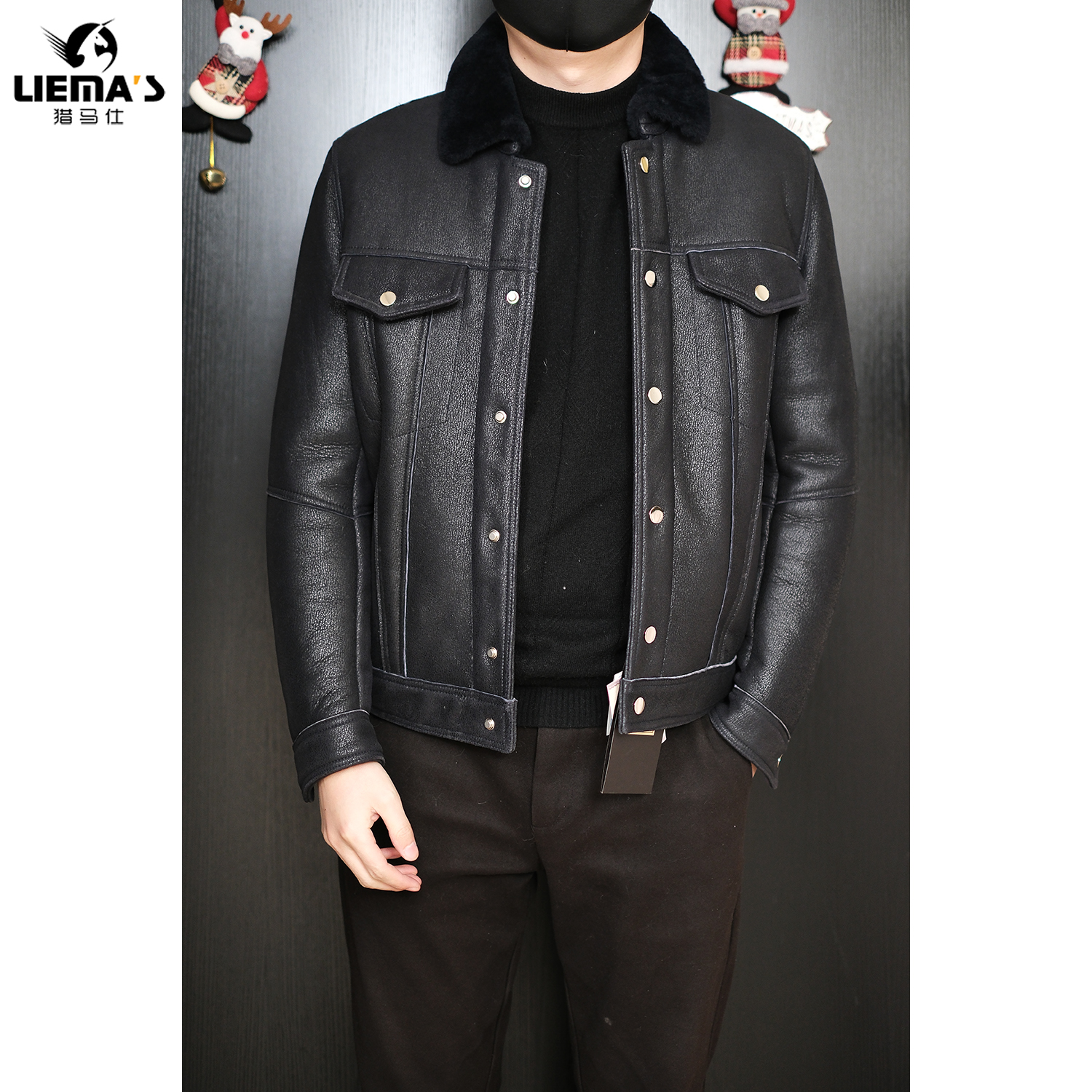 【特价】LM868冬季男士蓝色皮毛一体羊皮羊毛夹克外套男翻领皮衣