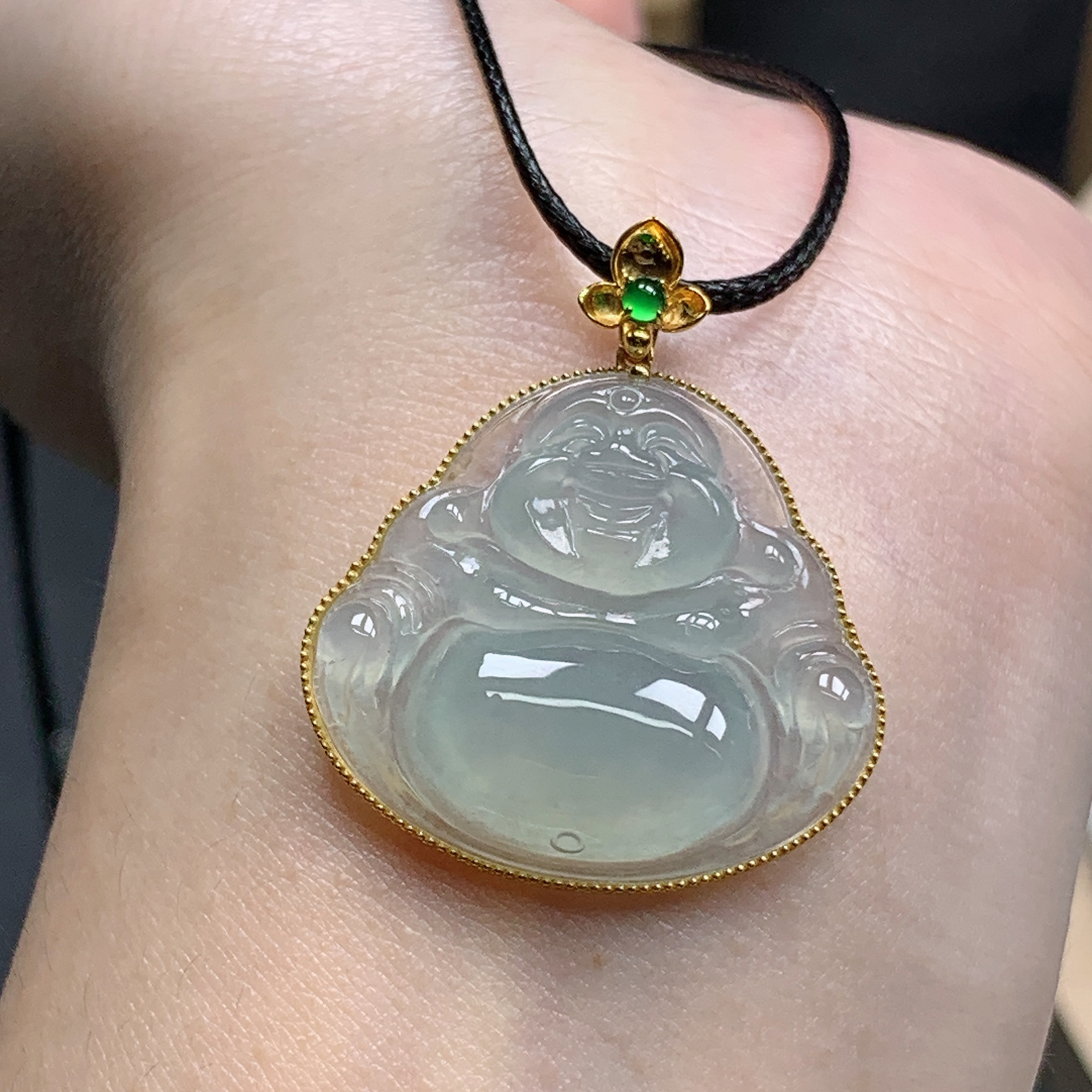 缅甸天然A货翡翠18K金镶嵌冰种起胶佛公吊坠