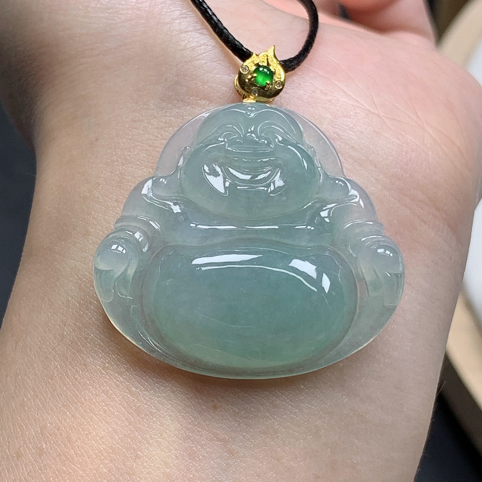 缅甸天然A货翡翠18K金扣头镶嵌冰晴水佛公吊坠