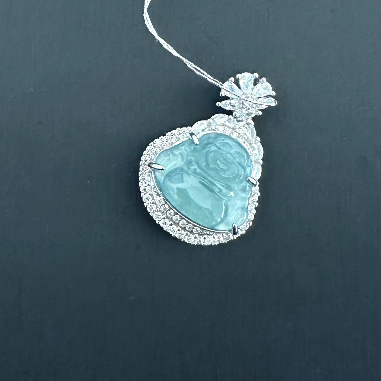 天然A货翡翠佛公银色吊坠气质时尚精致镶嵌坠链复古灵动中古雕刻