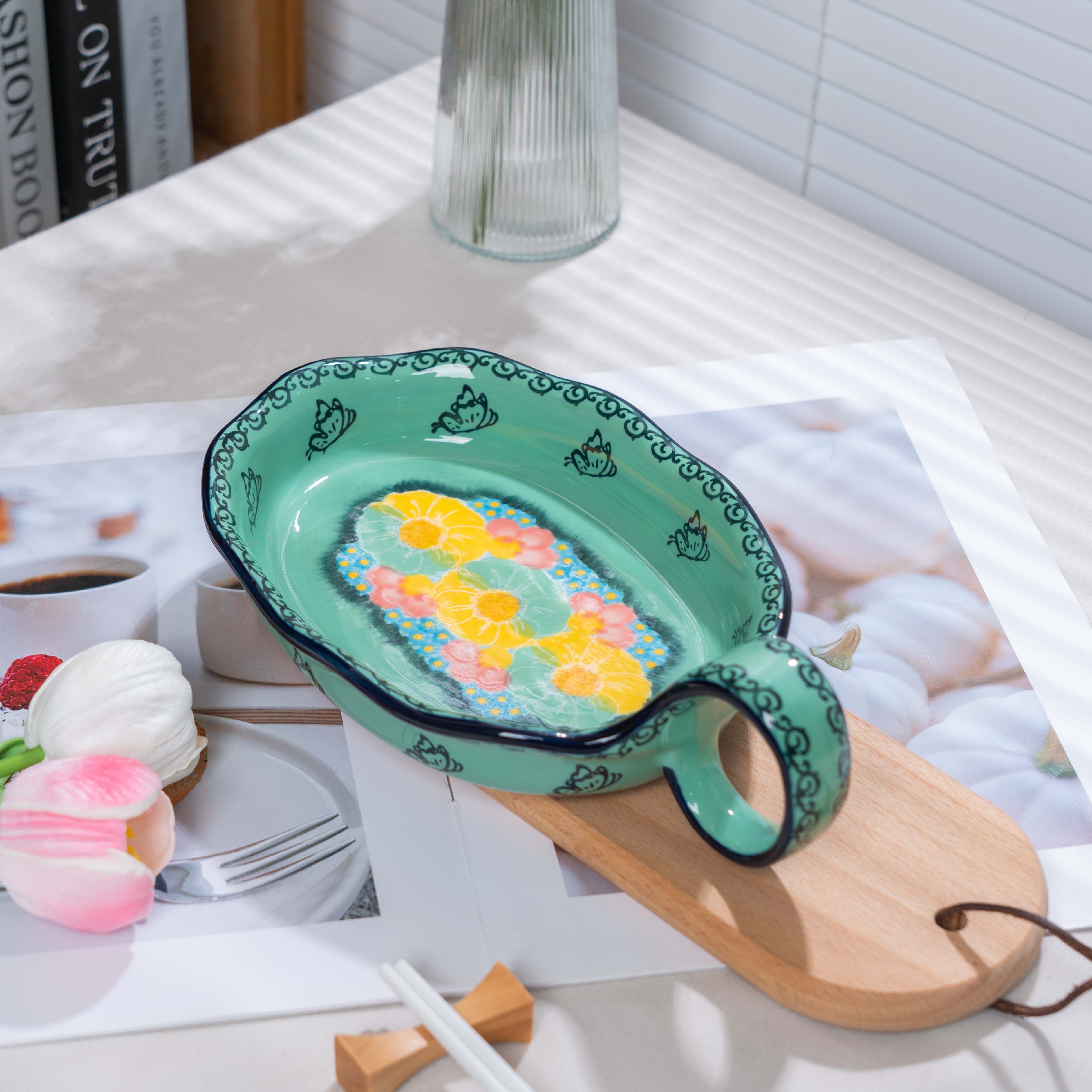 【SILESIA/出口原单】手绘碧海苍田-10英寸曲把盘子