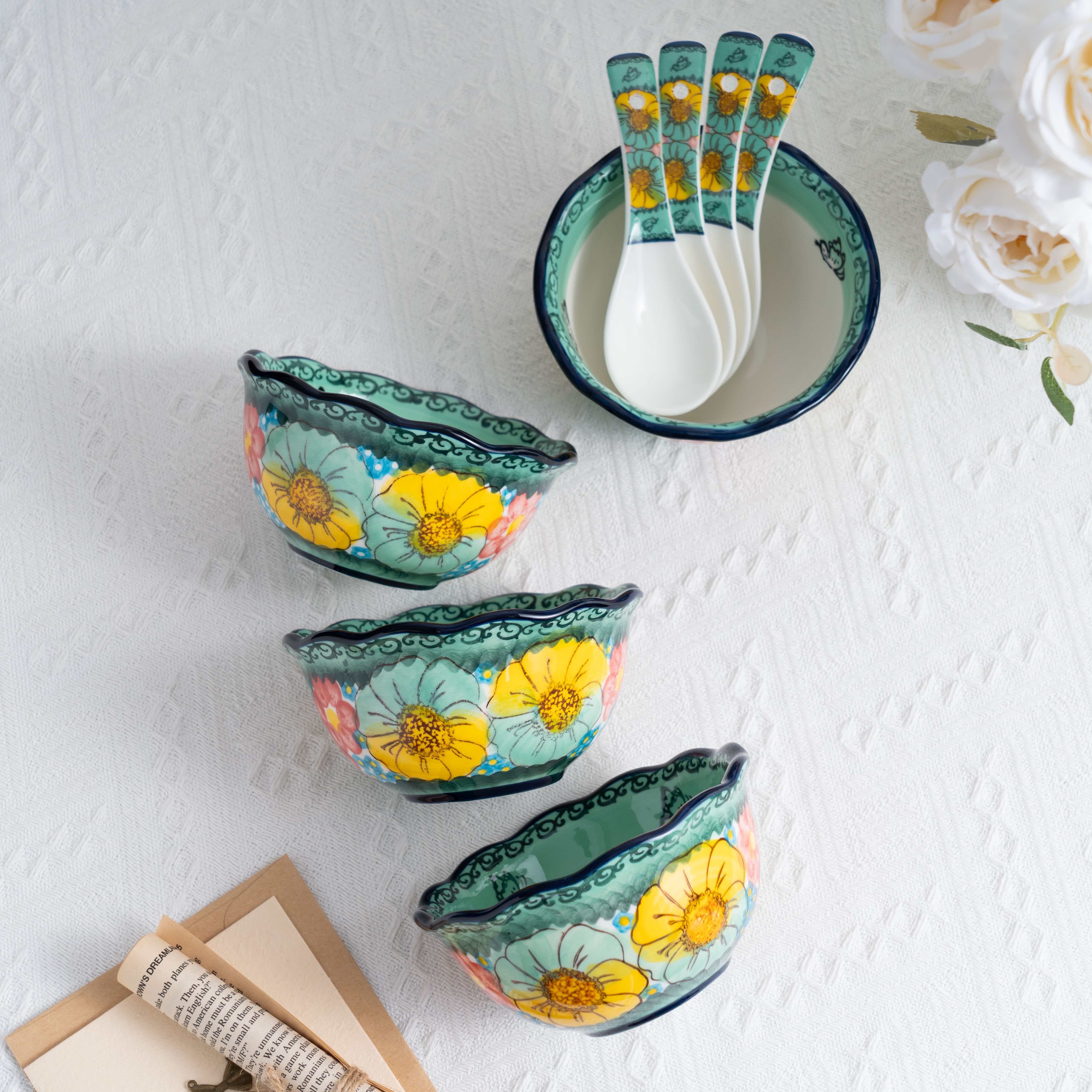 【SILESIA/出口原单】手绘碧海苍田-5英寸花边碗（4碗4勺）