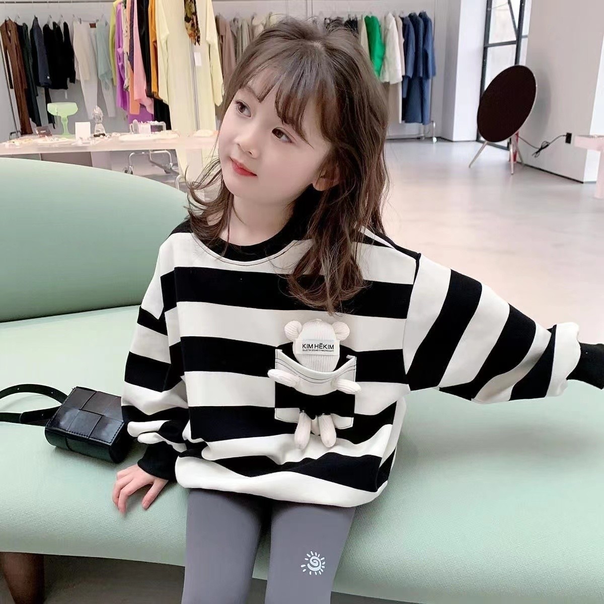 女童春秋款条纹纯棉卫衣儿童韩版圆领中长款套头洋气时尚上衣