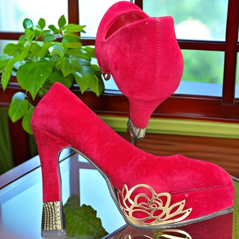 大红金丝绒舒适秋冬高跟婚鞋结婚可穿时尚新娘鞋高跟鞋