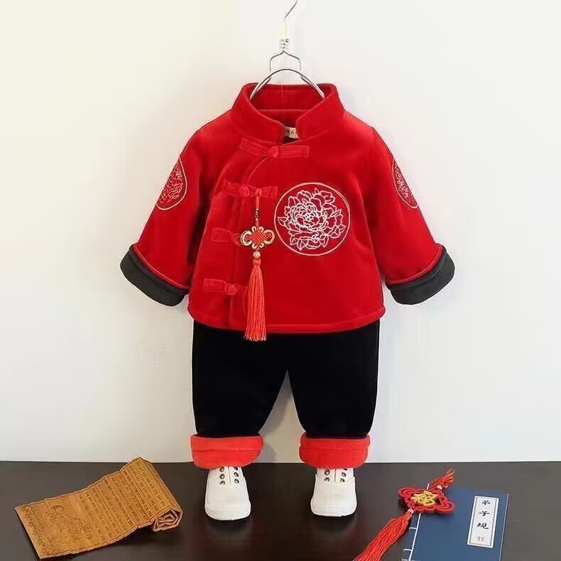 儿童唐装棉服拜年服男女冬季款加厚绒新年套装周岁抓周中国风礼服