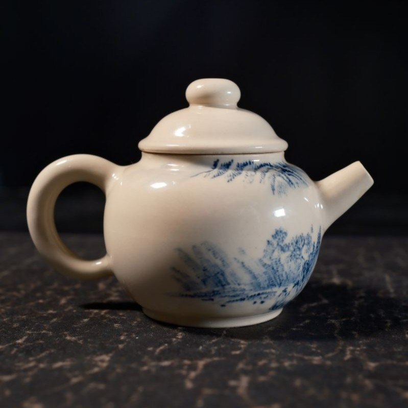 【观一茶堂】观一器溪元茶事·白陶青花山水小壶100ml纯手工陶瓷精美