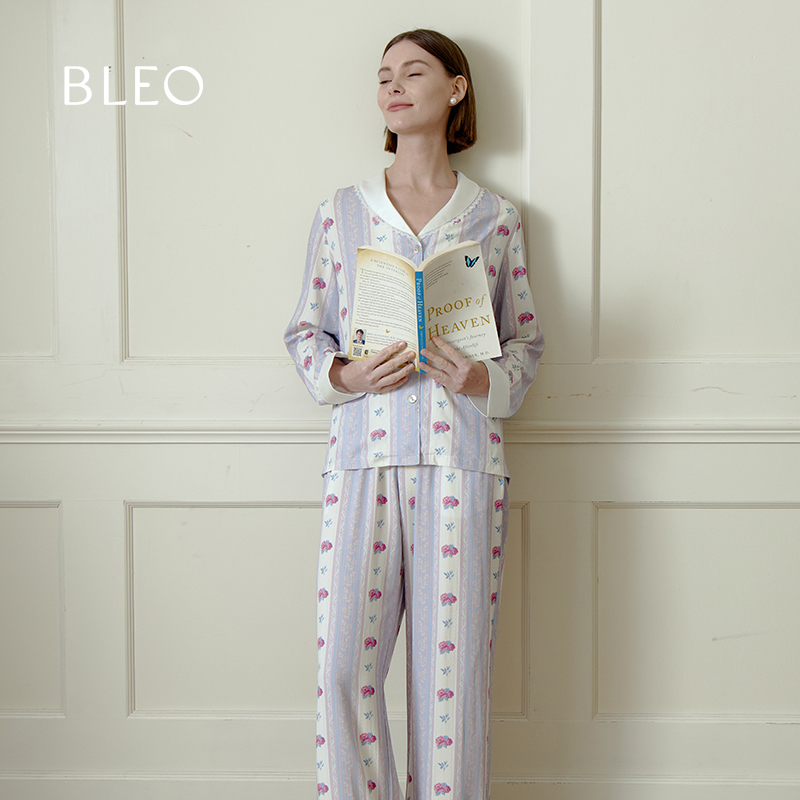 BLEO春夏新品竖条纹印花碎花缎面法式丝瓜领蕾丝睡衣套装家居服