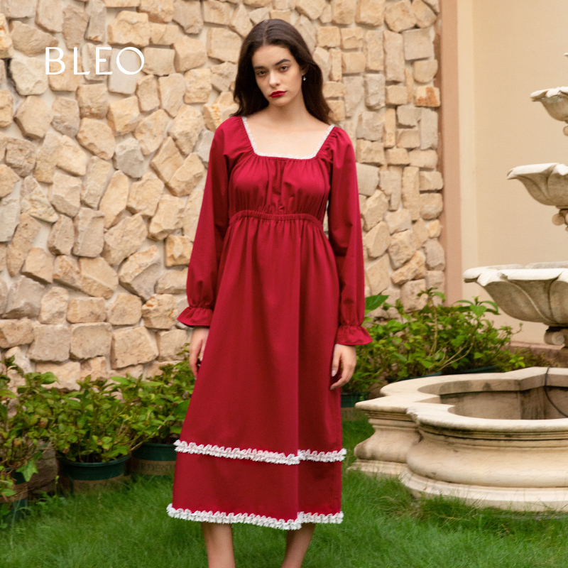 BLEO春夏新品贡缎磨毛方领蕾丝收腰长裙法式睡裙可外穿家居服